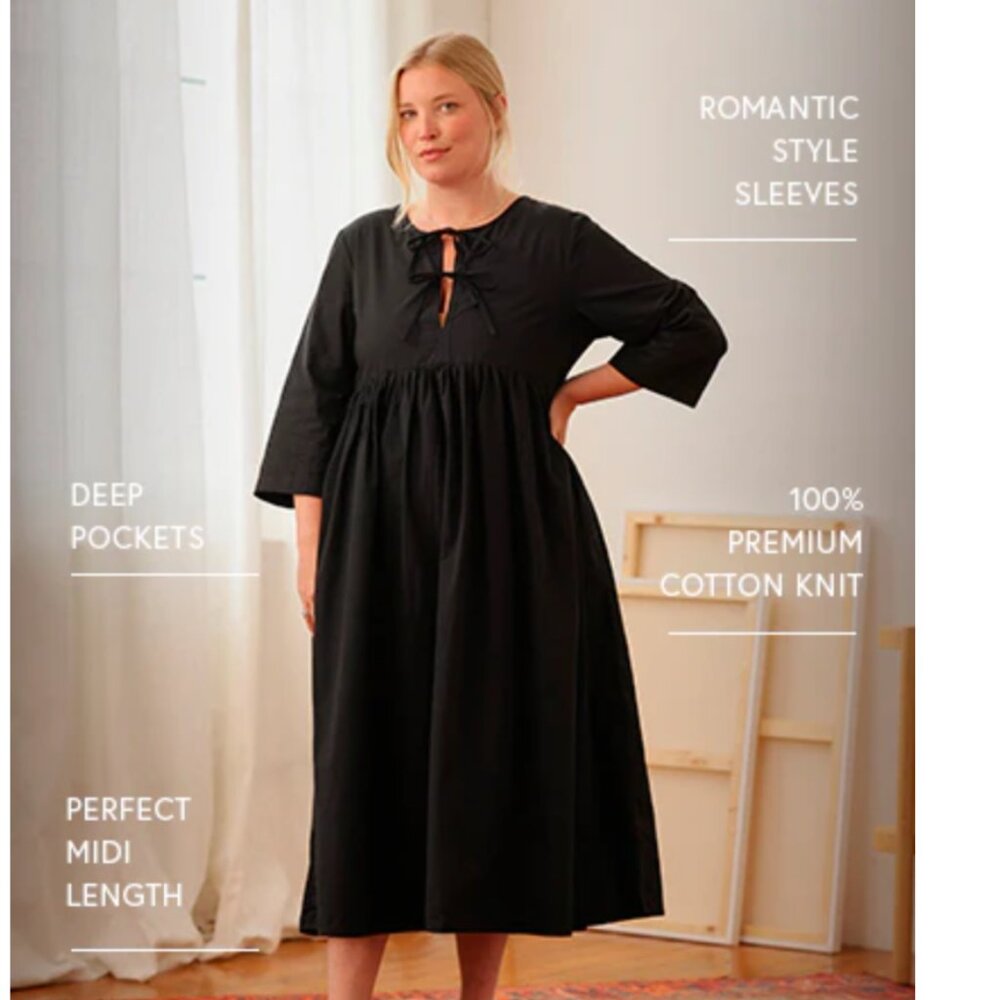 NWT Tradlands Birdie Bell Sleeve Dress Black Cotton Midi Size M